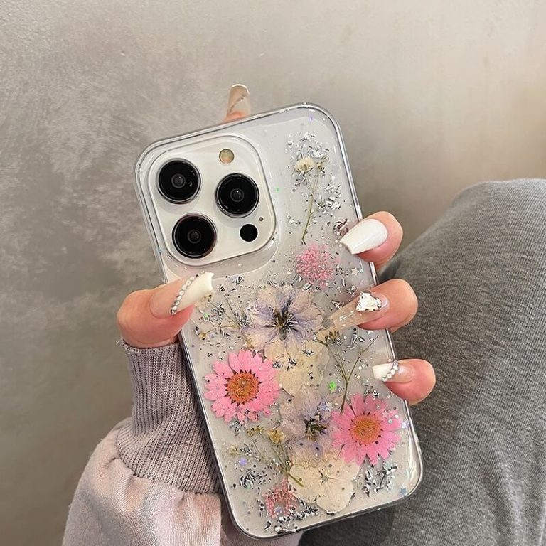 Pressed Flower Glitter Phone Case For Iphone 14 Pro Max