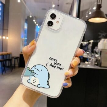 Cartoon Dinosaur Clear Phone Case with Miss You, Hug Me Quote