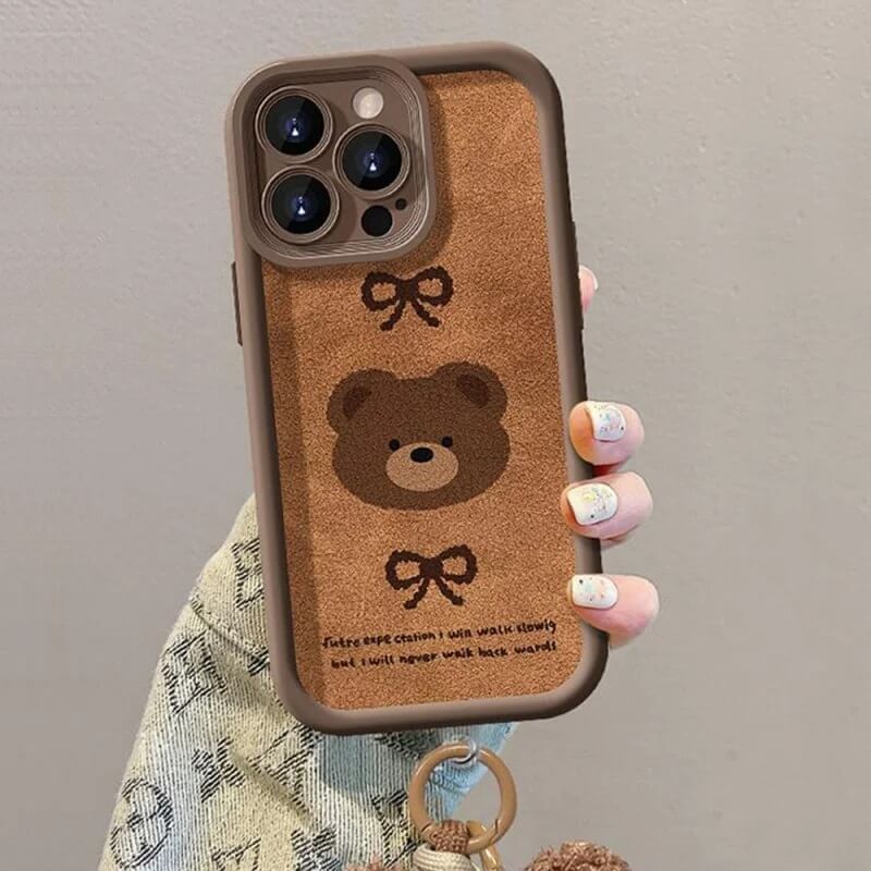 Cute Bear Fluffy Plush Keychain iPhone Case with Hand Strap