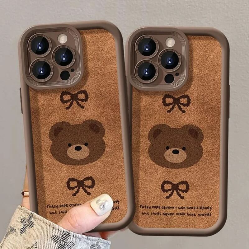 Cute Brown Bear Fluffy Plush Phone Case with Hand Strap and Keychain (1)