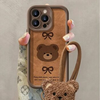 Cute Brown Bear Fluffy Plush iPhone Case with Hand Strap & Keychain