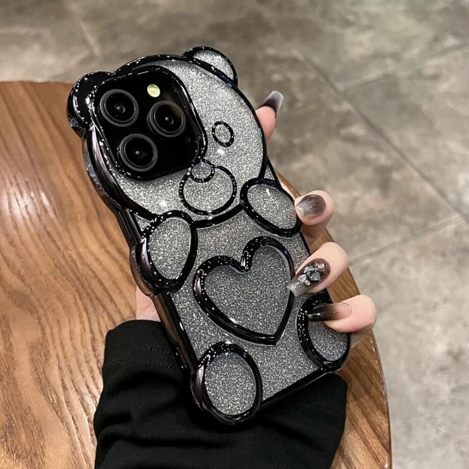 Black Gradient Plating Glitter 3D Bear iPhone Case