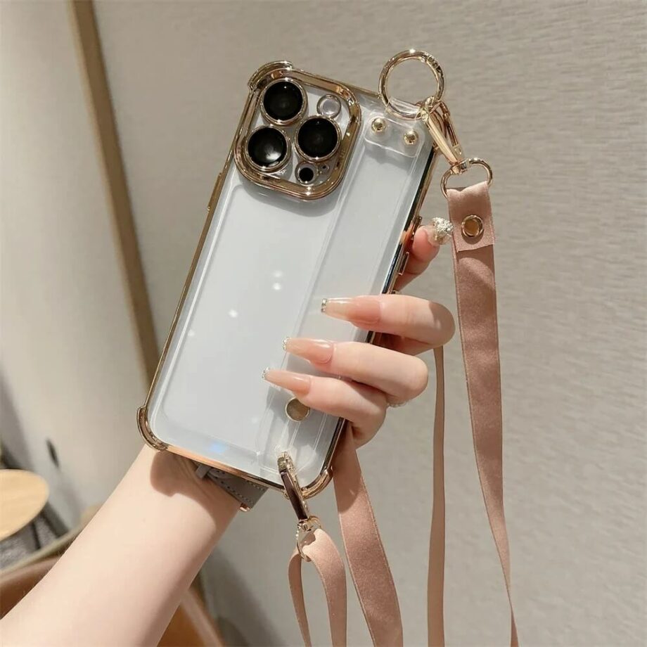 Clear Crossbody Plating Case With Silicone Hand Strap -gold