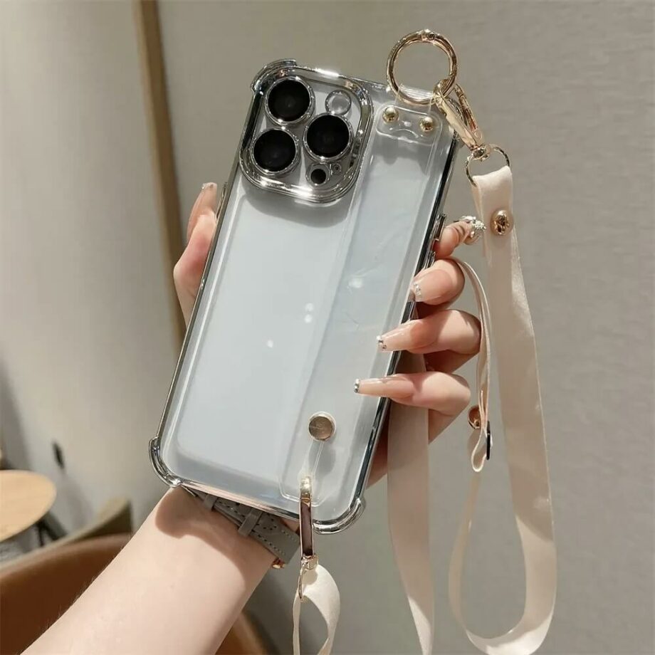 Clear Crossbody Plating iPhone Case With Hand Strap -white
