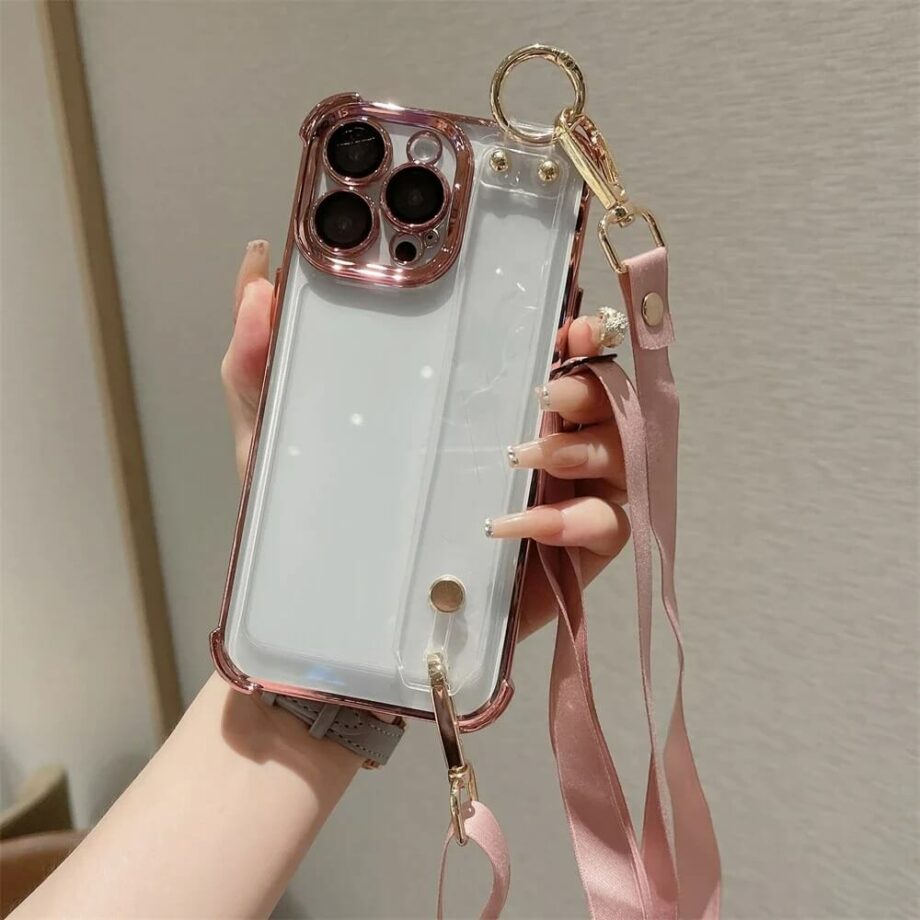 Crossbody Plating SHockproof iPhone Case With Silicone Hand Strap- pink