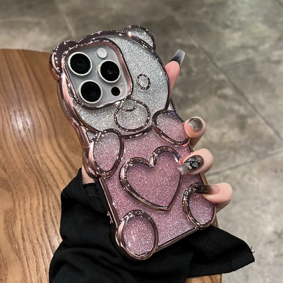Gradient Plating Glitter 3D Bear iPhone Case - Pink