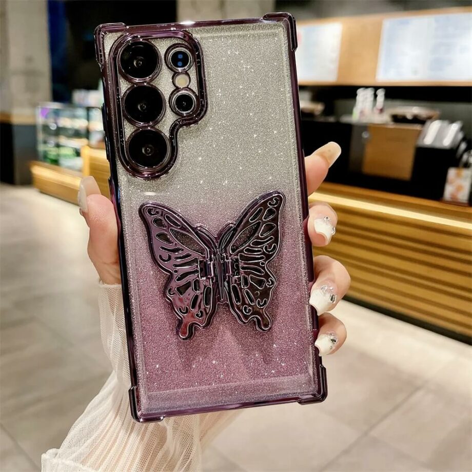 Gradient Glitter Plating Samsung Case with Butterfly Stand Holder- purple