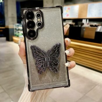 black Gradient Glitter Plating Samsung Case with Butterfly Bracket Stand
