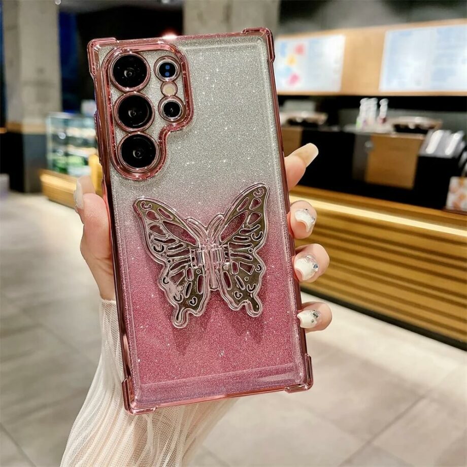 pink Gradient Glitter Plating Samsung Case with Butterfly Stand