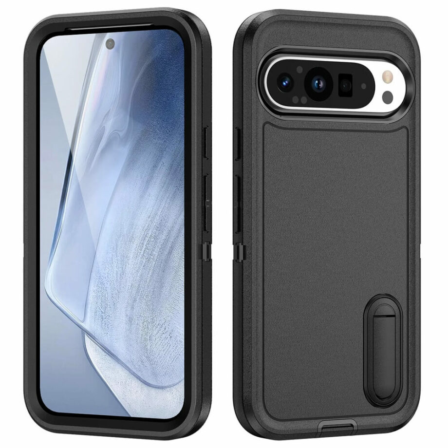 Black Heavy Duty Shockproof Pixel Phone Case with Folding Stand