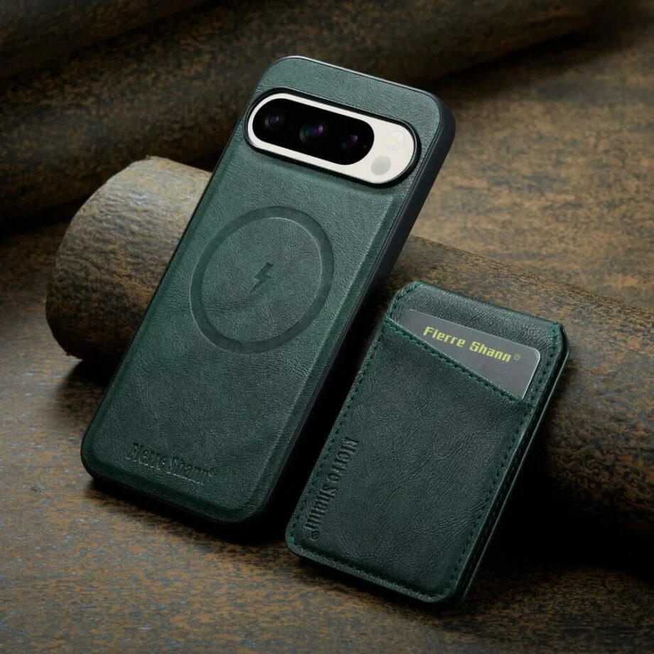 Green Leather Wallet Case With Magsafe for Google Pixel series