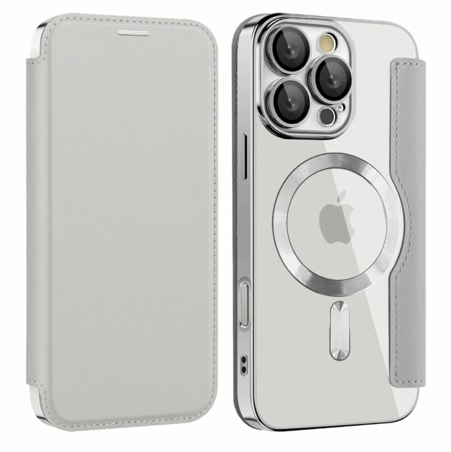 MagSafe Clear Flip Leather Case for iPhone 16 Series- Gray