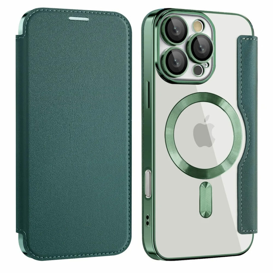 MagSafe Clear Flip Leather Wallet Case for iPhone 16 -Dark_green