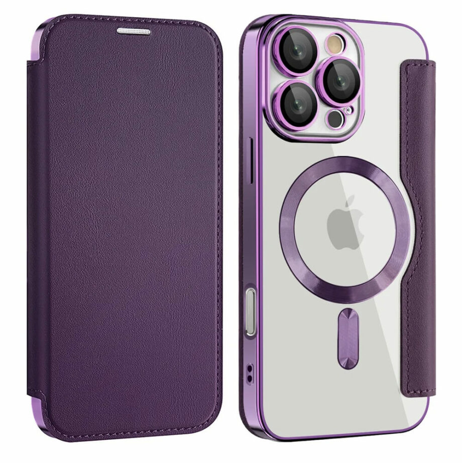 MagSafe Clear Flip Leather Wallet Case for iPhone 16 Series- Dark_purple