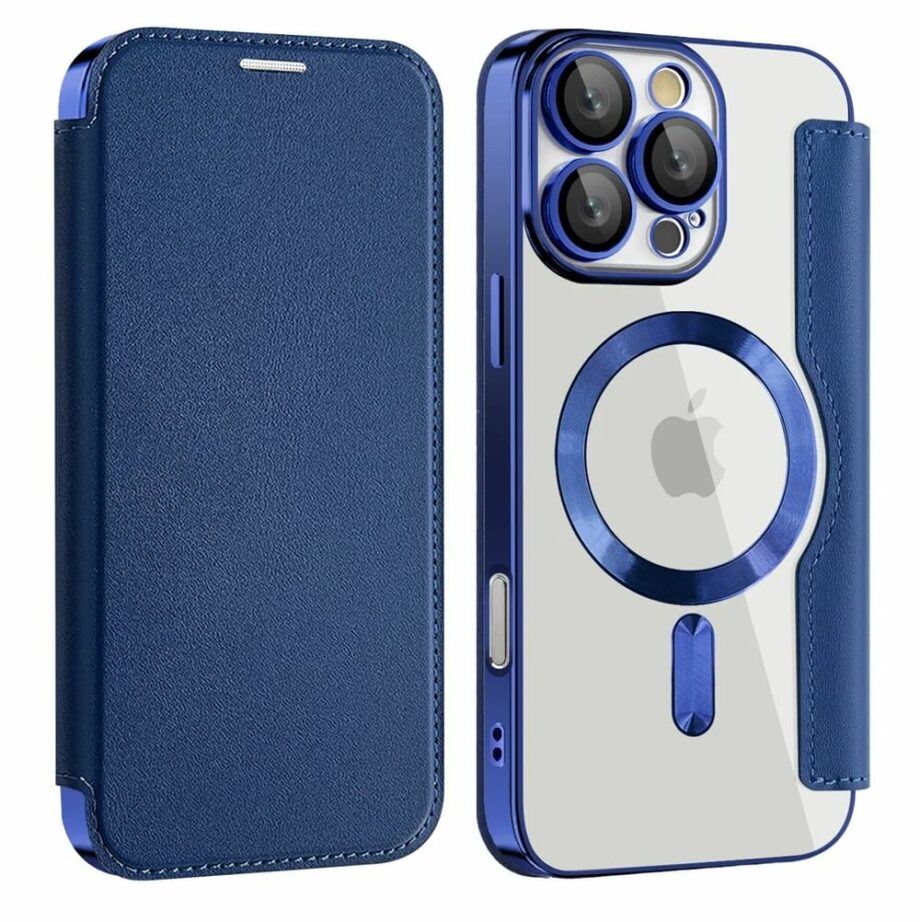 MagSafe Clear Flip Leather Wallet Case for iPhone- Navy_blue