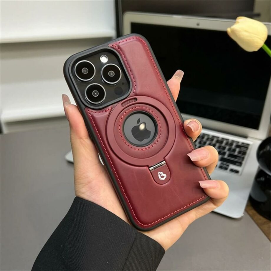 MagSafe Magnetic Leather iPhone Case with Holder - Wine red