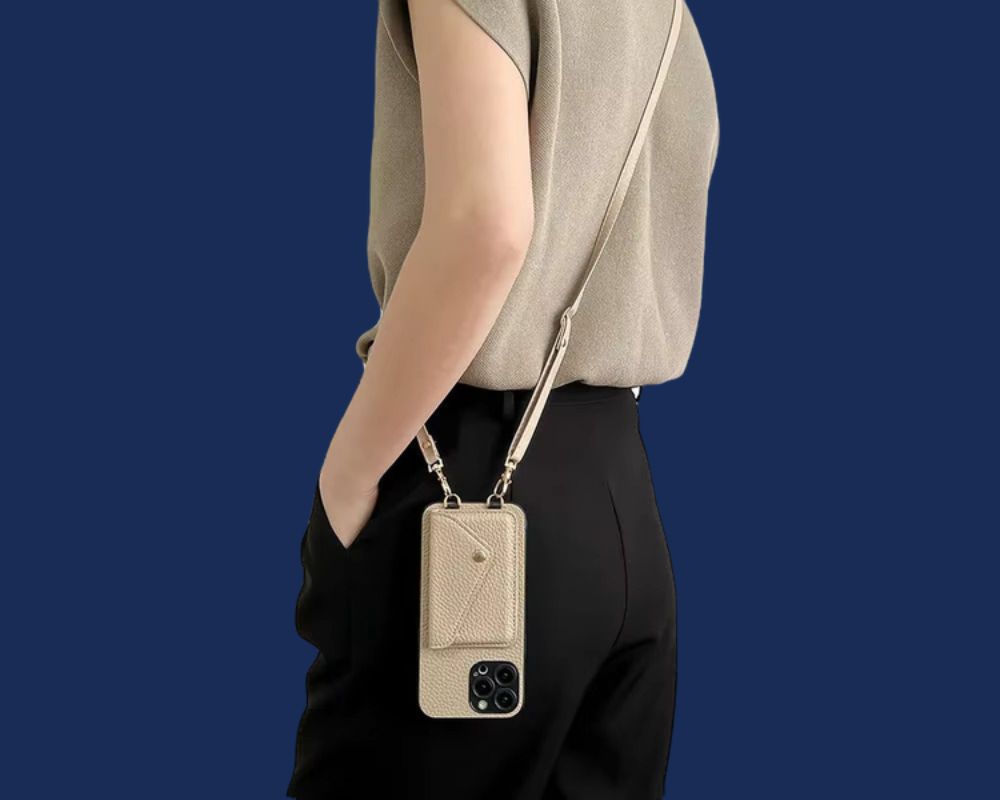 Beige crossbody wallet phone case with strap for a minimalist look