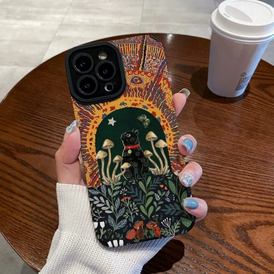 Black Cat & Mushroom Sunburst Artistic Phone Case