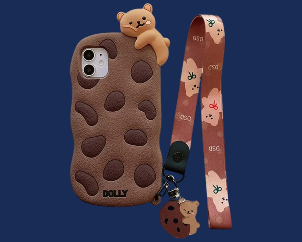 Brown lanyard phone case for kids featuring a bear and matching strap