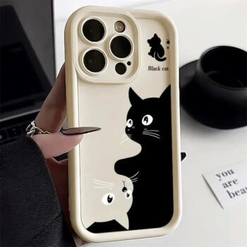 Cartoon Cute Black Cat Shockproof White iPhone Case