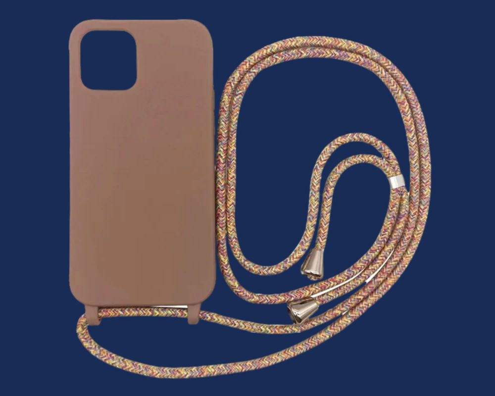 Minimalist brown lanyard phone case with multicolored strap