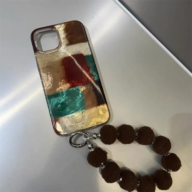 Retro Color Block iPhone Case with Fur Ball Chain (1)