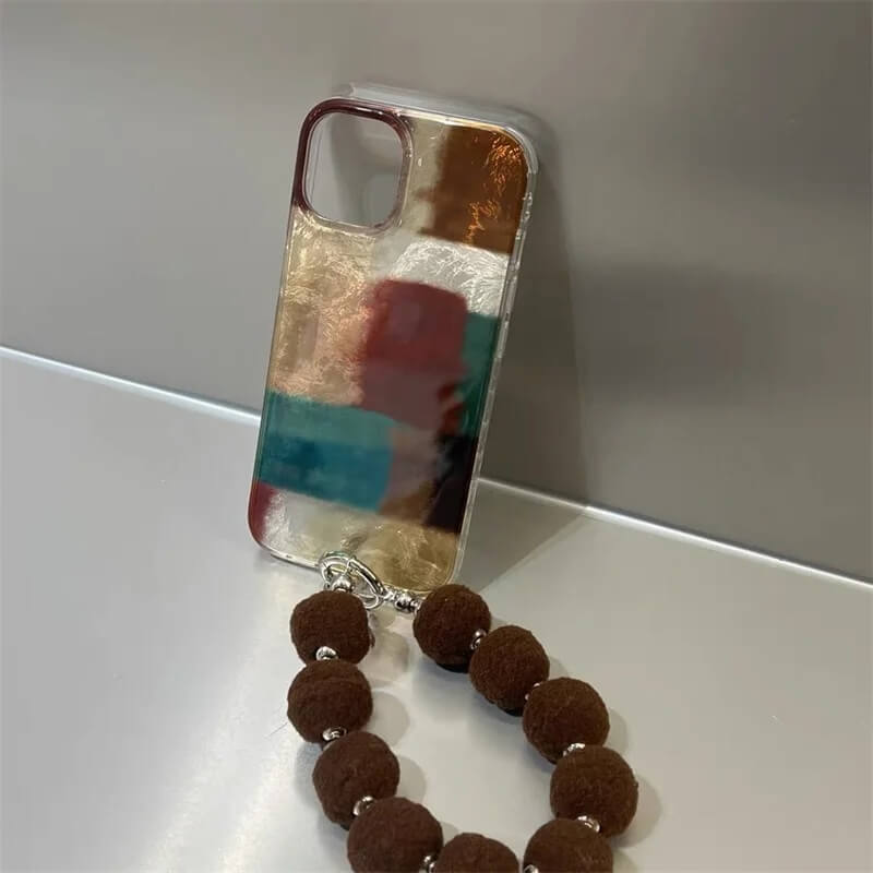 Retro Color Block iPhone Case with Fur Ball Chain (2)