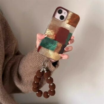 Retro Color Block iPhone Case with Fur Ball Chain