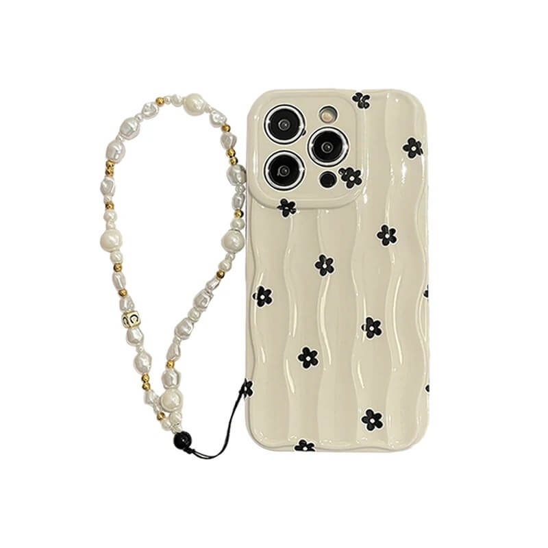 Wavy Cream Floral iPhone Case with Pearl Beaded Charm