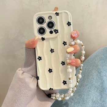 Wavy Cream Flower iPhone Case with Pearl Beaded Charm