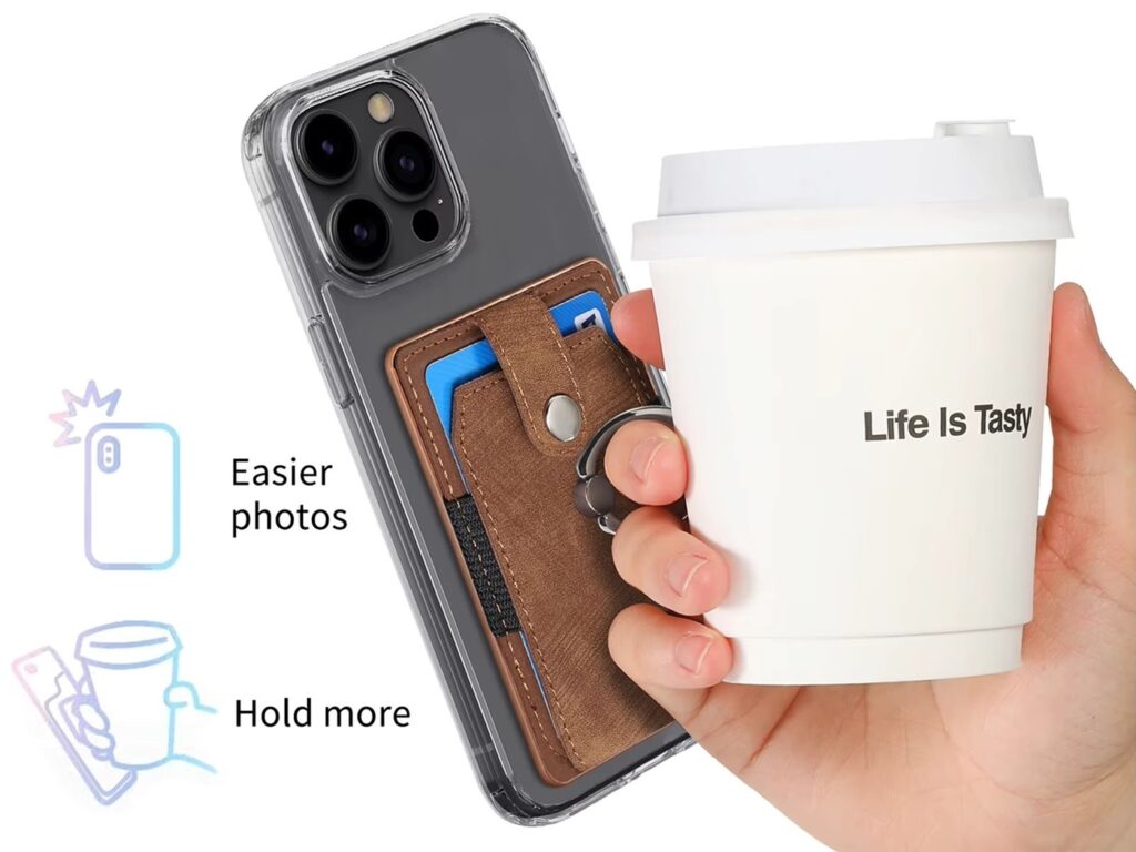 A phone with a wallet and ring attachment, holding credit cards and allowing easy multitasking with a coffee cup in hand