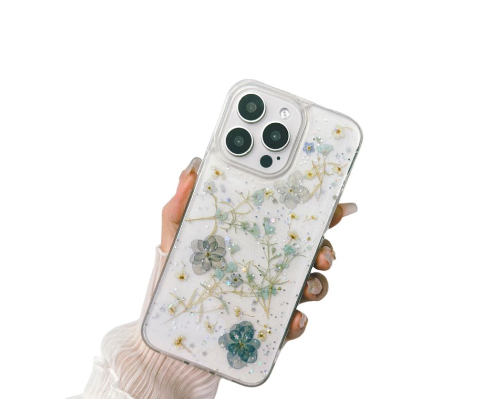 A clear case adorned with pressed flowers, bringing a touch of nature to your phone for a chic, botanical design