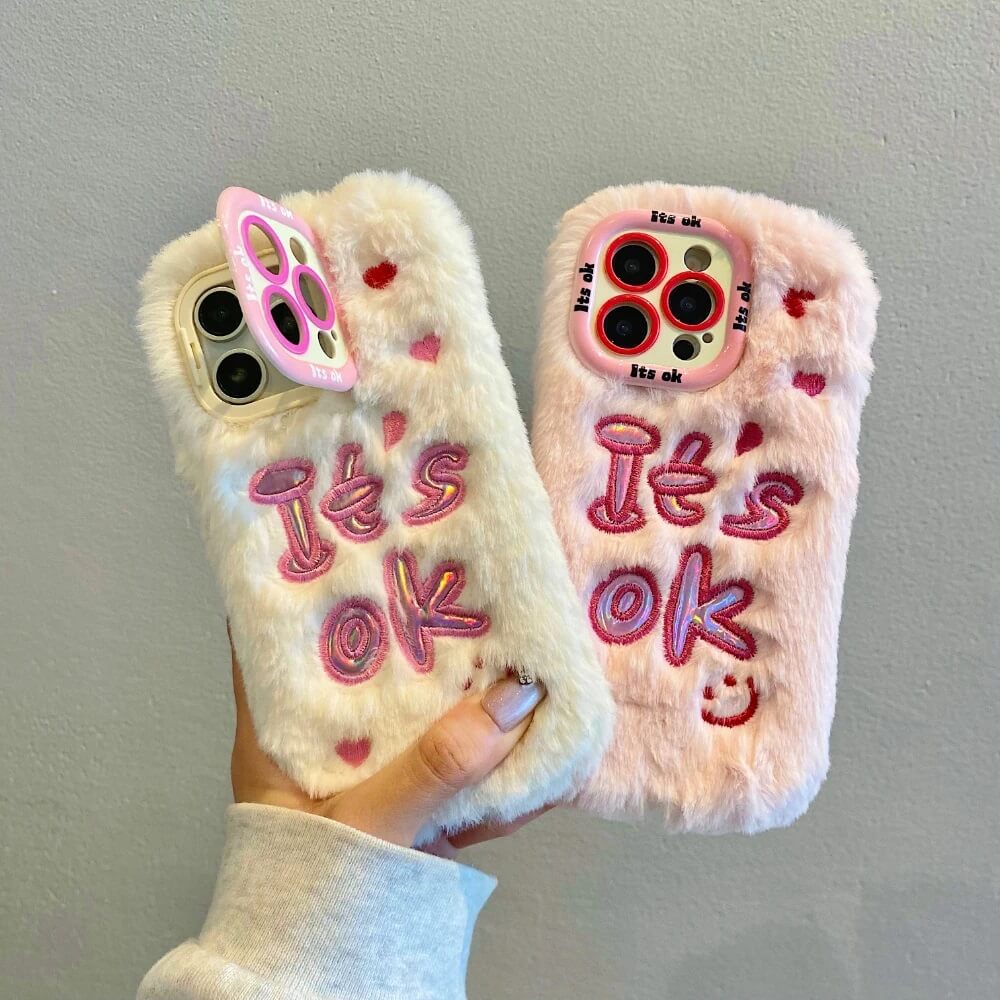 Fluffy 'It's OK' Embroidered Furry Phone Case