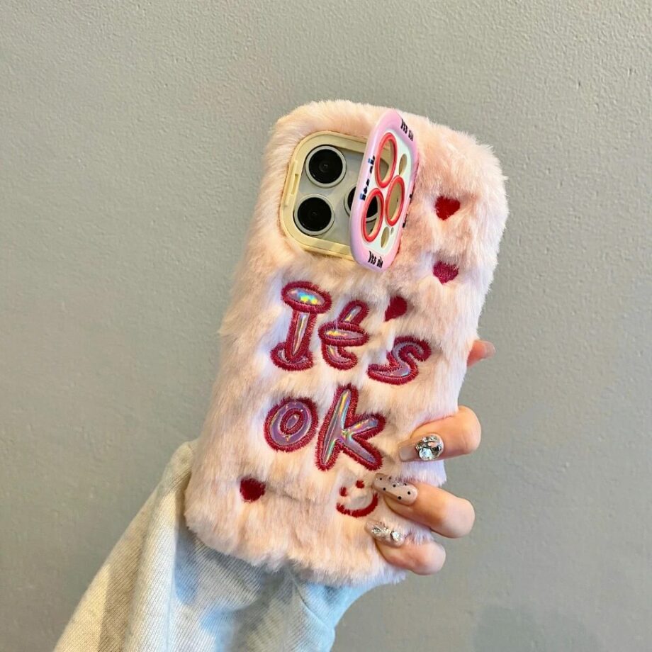 Fluffy 'It's OK' Embroidered Furry iPhone Case