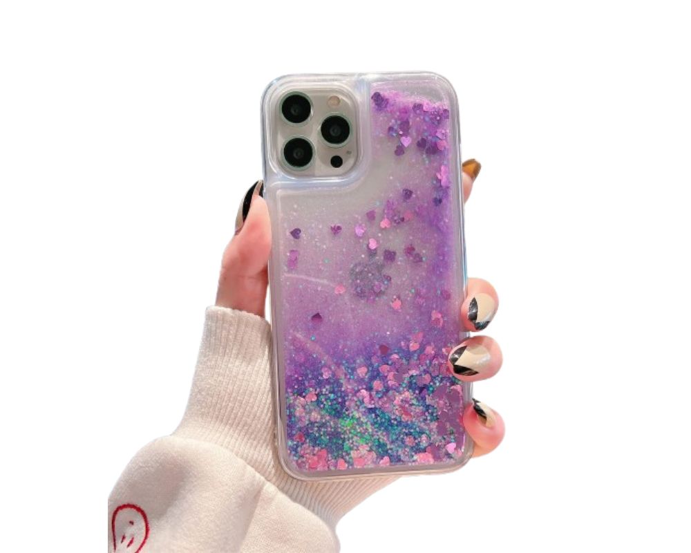 Glitter phone case filled with multicolor hearts and stars, creating a sparkling look