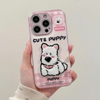 Pink Cute Puppy Embroidered Gingham Pattern iPhone Case