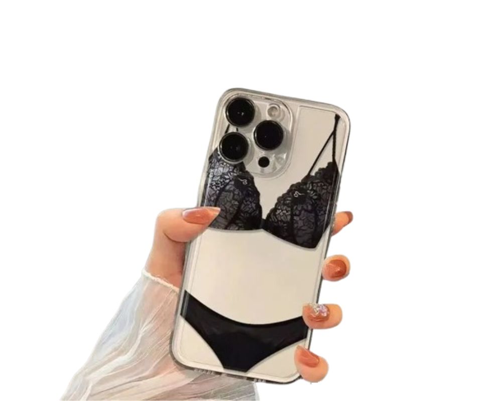 A clear case with fabric inserts of a chic black lingerie set, giving your phone unique decoration