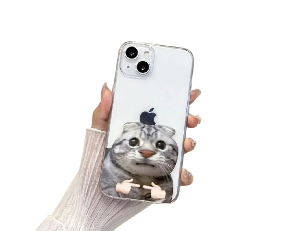 A case featuring a creative cat design with exaggerated features, offering a fun way to personalize your phone