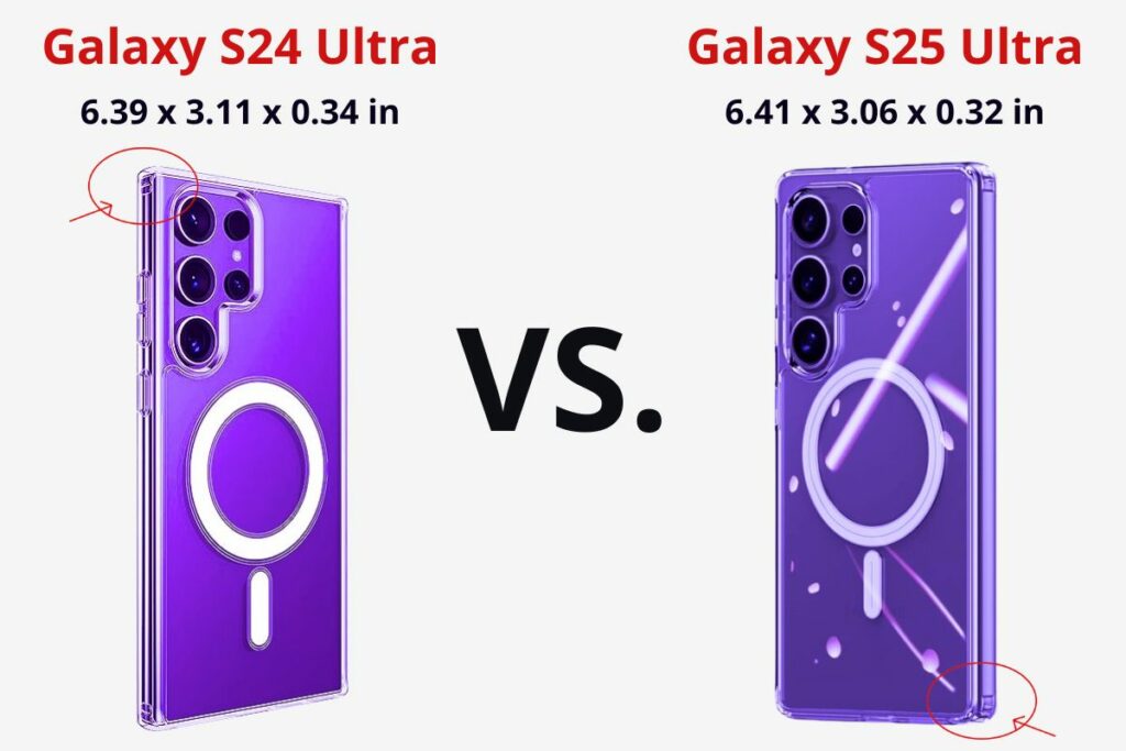 Comparison of Samsung Galaxy S24 Ultra and S25 Ultra dimensions, highlighting slight differences in height, width, and thickness