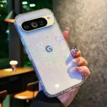 Clear Holographic Heart Google Pixel Case with Lanyard Hole