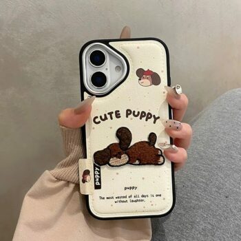 Cute Puppy 3D Embroidered Leather iPhone 16 Case