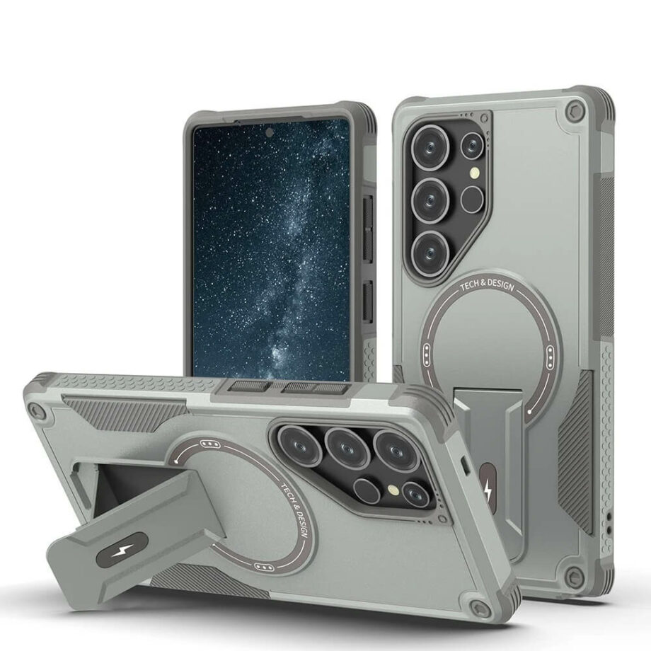 Gray Military Grade Protection Magnetic Case with Foldable Stand for Samsung S25 Series