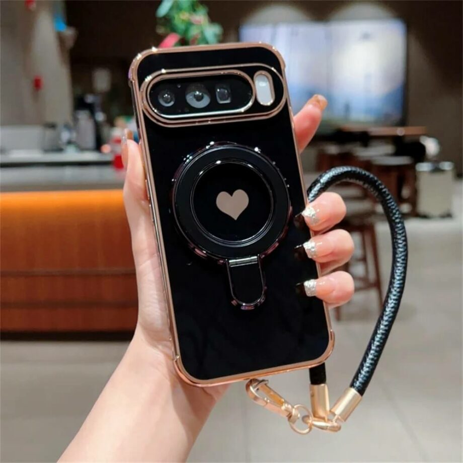 Heart Black Case with Magnetic Ring Grip and Strap for Pixel 8, 9 Series