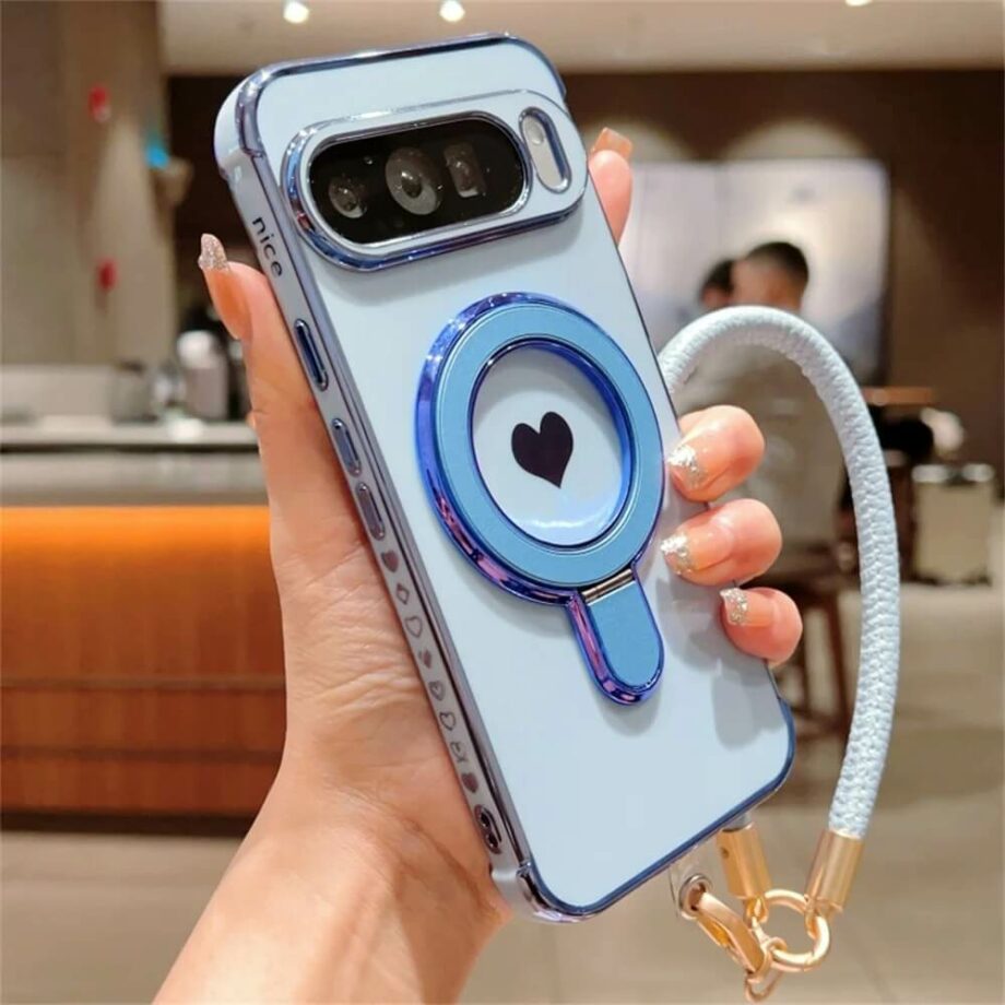 Heart Blue Case with Magnetic Ring Grip and Strap for Pixel 8, 9 Series