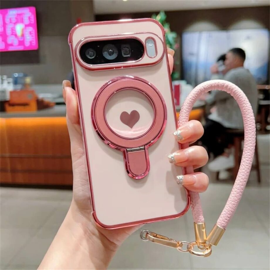 Heart Pink Case with Magnetic Ring Grip and Strap for Pixel 8, 9 Series