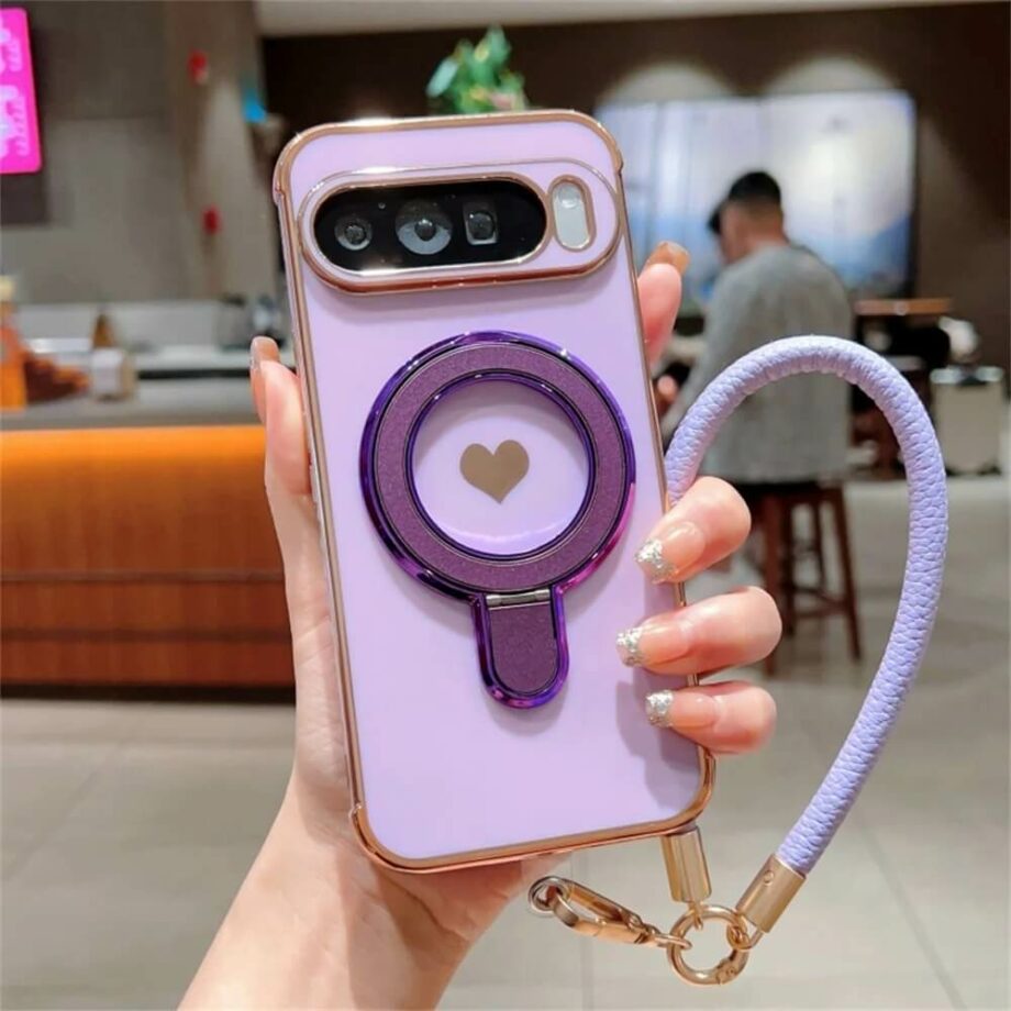 Heart Purple Case with Magnetic Ring Grip and Strap for Pixel 8, 9 Series