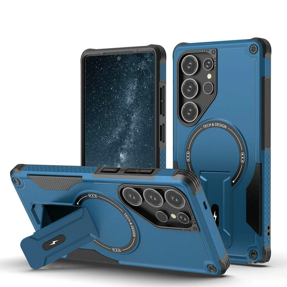 Navy Military Grade Protection Magnetic Case with Foldable Stand for Samsung S25 Series