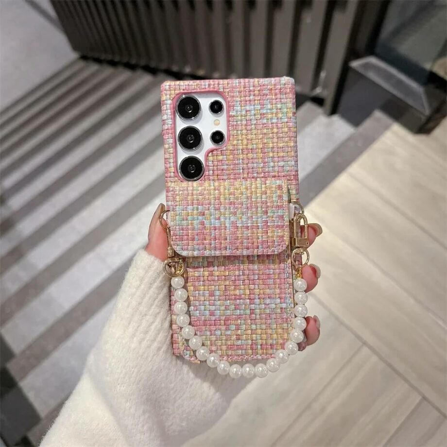 Pocket Pink Tweed Wallet Phone Case with Pearl Handle