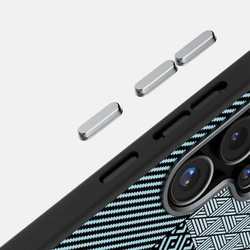 Detailed view of precision metal buttons on the Microrelief Carbon Fiber Pattern Case