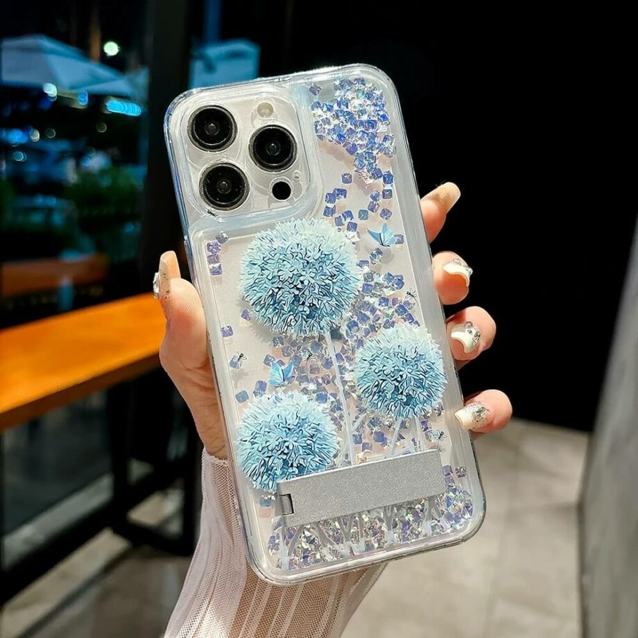 Blue Dandelion Glitter Quicksand Clear Phone Case with stand